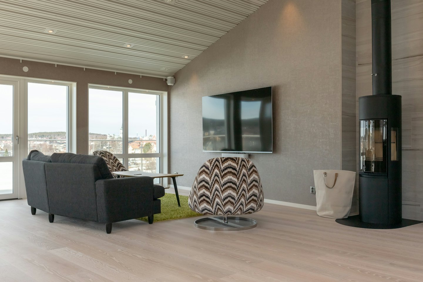 Contemporary living room with grey sofa and green rug.